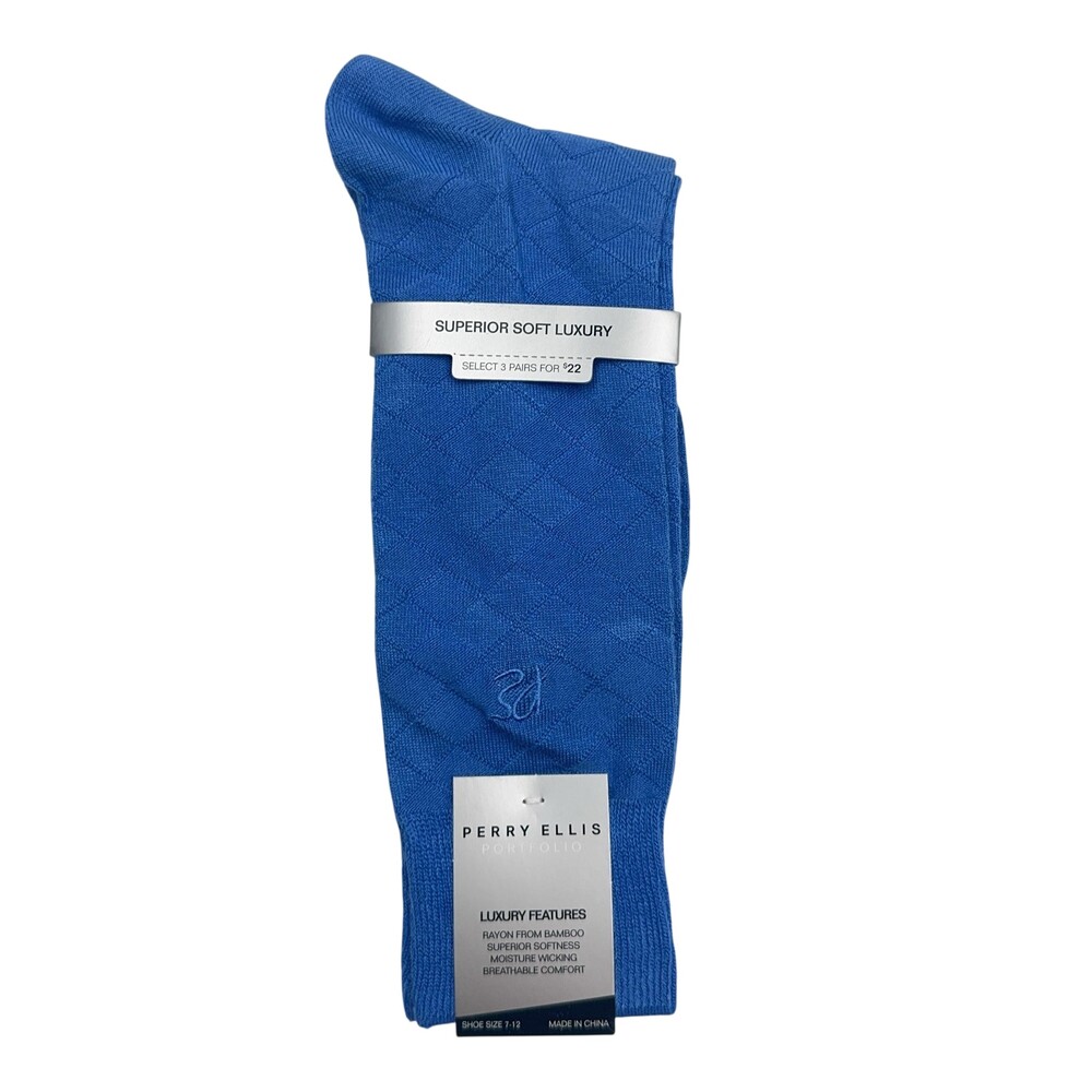 Perry Ellis Socks Mens 10-13 Blue Argyle Dress Bamboo 1 Pair Mid Calf Soft